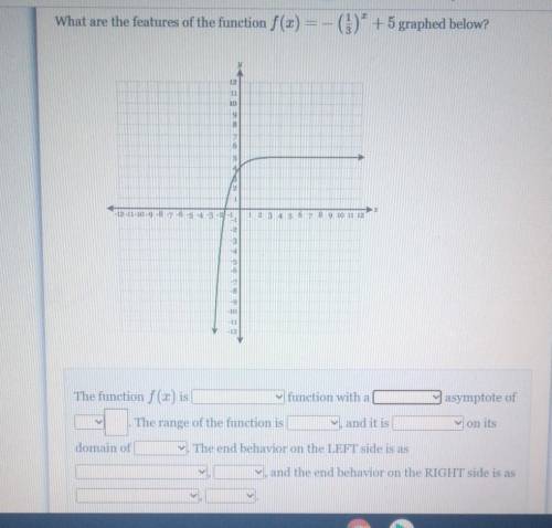 Help please

what are the features of the function f(x) = -(1/3)^x +5 graphed below (it's all in t