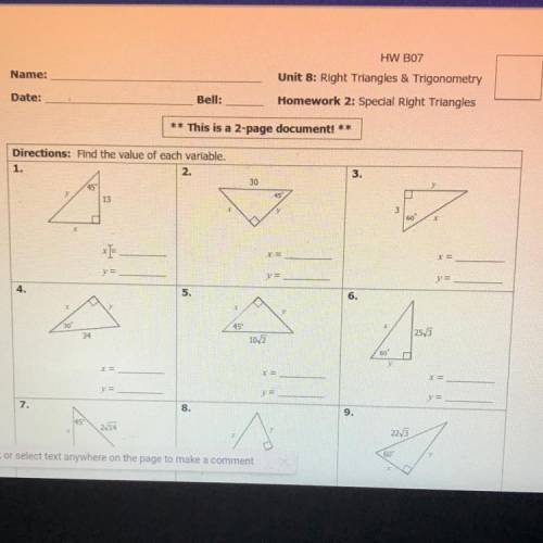 HW B07

Name:
Unit 8: Right Triangles & Trigonometry
Homework 2: Special Right Triangles
Date: