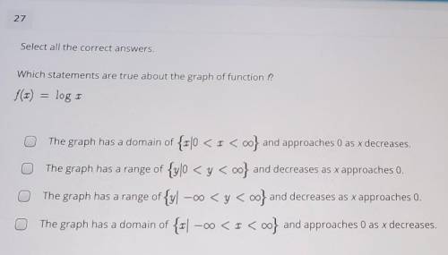 Which statements are true about the graph of function f?f(x)= log x​