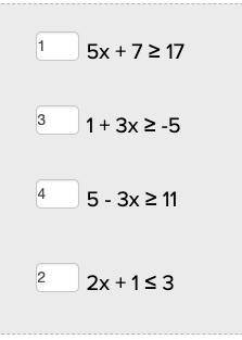 Match each inequality with its solution set.

5x + 7 ≥ 171 + 3x ≥ -55 - 3x ≥ 112x + 1 ≤ 3