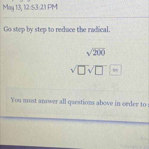 Go step by step to reduce the radical; square root of 200