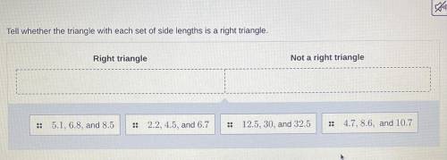 Tell whether the triangle with each set of side lengths is a right triangle.
(See picture)