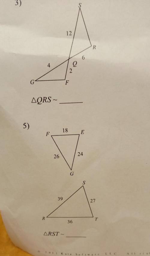 Use side ratios to determine if the triangles in each pair are similar. If so, complete the similar