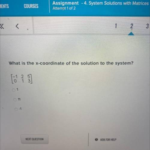 What is the x-coordinate of the solution to the system? (see image) 
1
11
-1