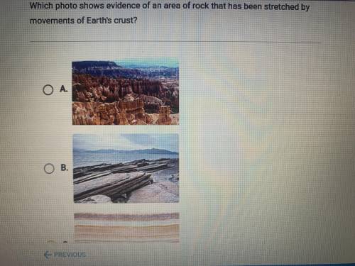 Which photo shows evidence of an area of rock that has been stretched by movements of earth’s crust