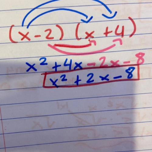 1) Simplify the product using the distributive property.

(x-2)(x+4)
Please help me answer this que