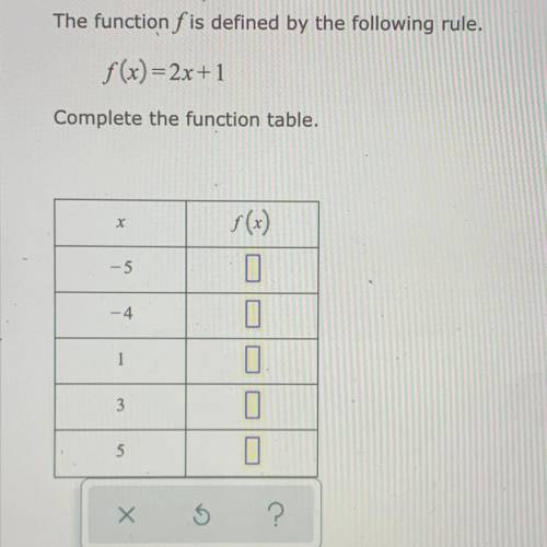 The function f is defined by the following rule.
f(x)=2x +1
Complete the function table.