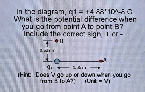 In the diagram, q1 = +4.88*10^-8 C. What is the potential difference when you go from point A to po