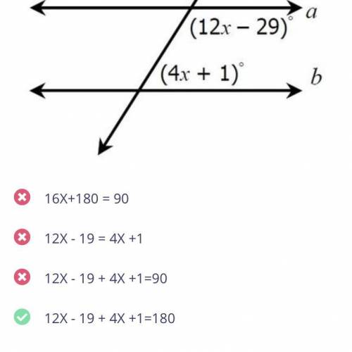 Show me how to find x using the correct equation shown here (geometry)