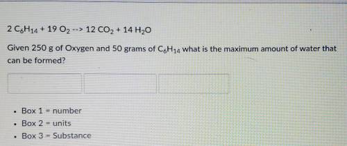 2 C6H14 + 19 O2 --> 12 CO2 + 14 H2O

Given 250 g of Oxygen and 50 grams of CoH14 what is the ma