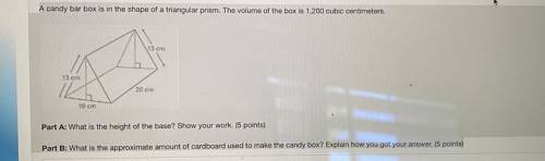 A candy bar box is in the shape of a triangular prism. The volume of the box is 1,200 cubic centime