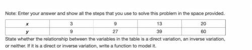 State wether the relationship between the variables in the table is a direct variation, and inverse