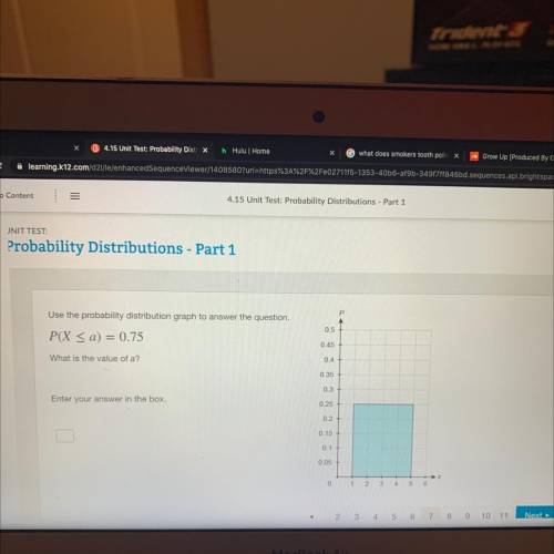 Use the probability distribution graph to answer the question.

P(X < a) = 0.75
0.5
0.45
What i