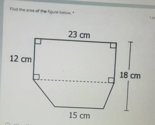 Find the area of the figure below. * 23 cm 12 cm 18 cm 15 cm ​