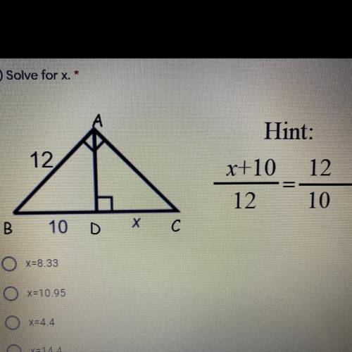 Solve for X.

Possible answers : 
X=8.33
X=10.95
X=4.4
X=14.4
x=44
X=24.4