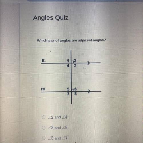 Which pair of angles are adjacent angles?

A. 2 and 4
B. 3 and 8
C. 5 and 7 
D. 6 and 1