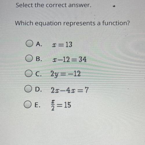 Select the correct answer.
Which equation represents a function?