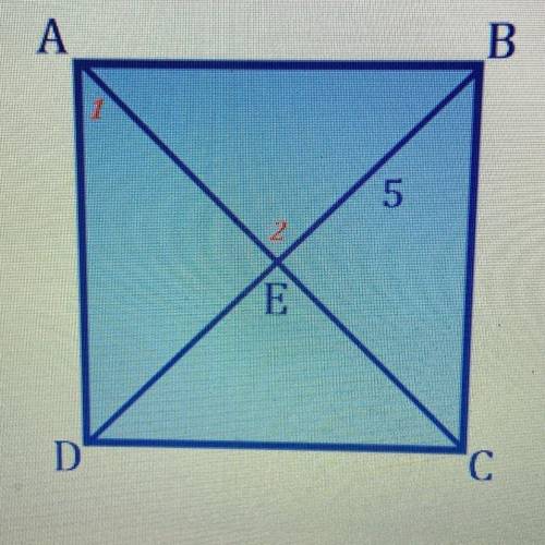 Given that Segment BE is 5 units, find the indicated measures for angle 1 and 2 . Also segment AC a