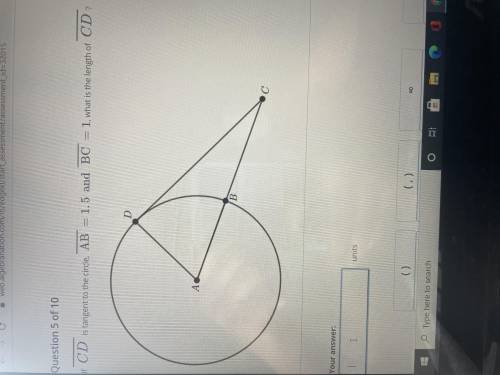 If CD IS TANGENT TO THE CIRCLE, AB = 1.5 and BC = 1, what is the length of CD?