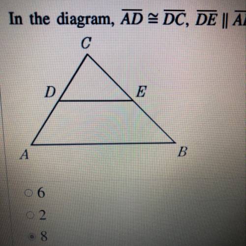 In the diagram, AD = DC, DE || AB, and DE = 4. Find AB.
HELP PLZZZ