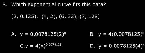 Which exponential curve fits this data?
(2, 0.125), (4, 2), (6, 32), (7, 128)