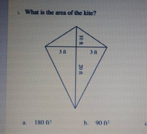 Please help-What is the area of the kite? 30 20 ft a. 180 f12 b. 90 f1? 72 ft2 d. 18 ft?​