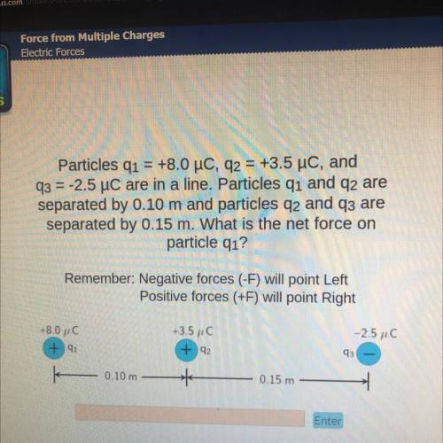 Particles q1 = +8.0 UC, q2 = +3.5 uc, and

q3 = -2.5 uC are in a line. Particles q1 and q2 are
sep