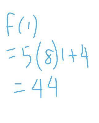 Use the following function rule to find f(1).
f(x) = 5(8)x+ 4
f(1) =