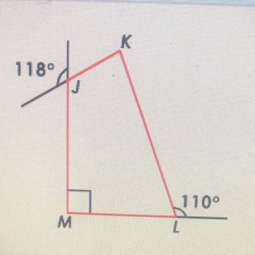 The sum of the measures of the angles of a quadrilateral is 360°. Quadrilateral JKLM has one right