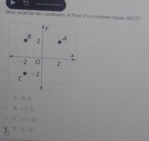 What would be the coordinates of Point D to complete square ABCD? Help, is it right​