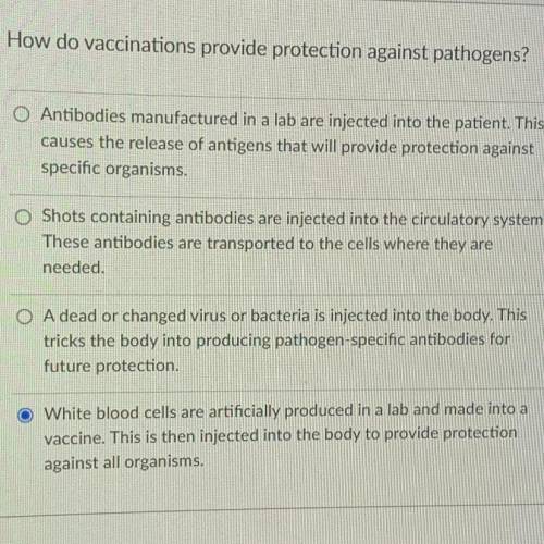 How do vaccinations provide protection against pathogens?

O Antibodies manufactured in a lab are