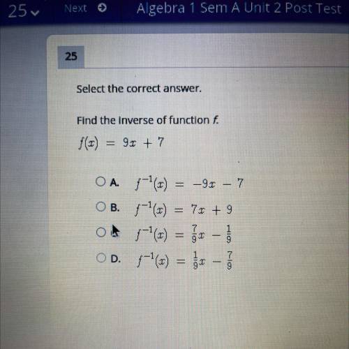 Select the correct answer.
Find the inverse of function f.
95 + 7
