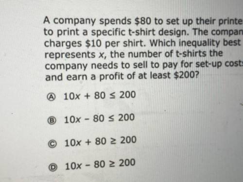 A company spends $80 to set up their printer

to print a specific t-shirt design. The company
char