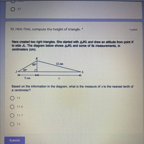 1 point

10. Hint: First, compute the height of triangle. *
Nara created two right triangles. She