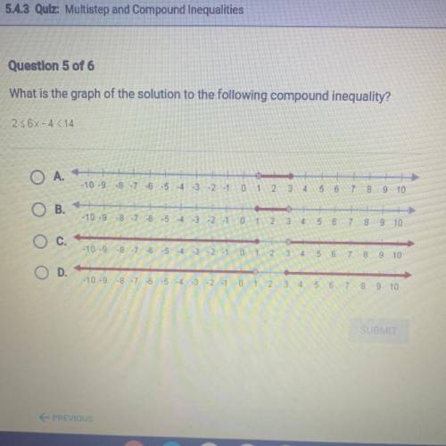What is the graph of the solution to the following compound inequality?

2 <6x-4 < 14
A.
-10