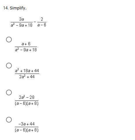 Simplify 3a/a^2-9a+18-2/a-6