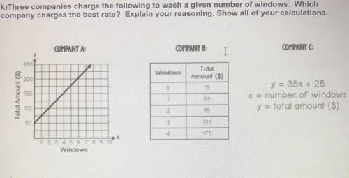 Three companies charge the following to wash a given number of windows. which company charges the b