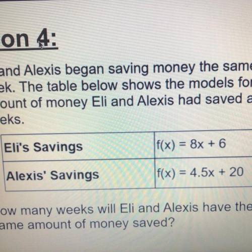 Eli and Alexis began saving money the same

week. The table below shows the models for the
amount