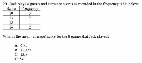 jack plays 8 games and earns the scores as recorded in the frequency below......what is the mean (a