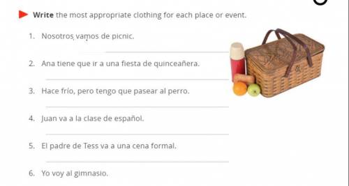 Help plssss
write the most appropriate clothing for each place or event (write in spanish)