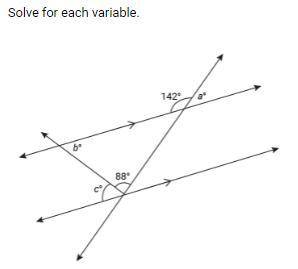 Solve for each variable

A=?
B=?
C=?
How did you find the variable?
(please help I am behind on my