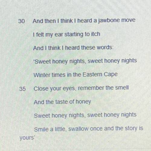 PLEASE HELP

In lines 33 and 37 what does the phrase sweet
honey nights