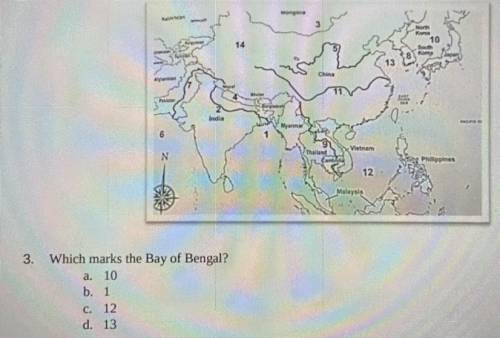 Which marks the Bay of Bengal?
A. 10
B. 1
C. 12
D. 13