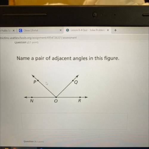 Name a pair of adjacent angles in this figure. pls help