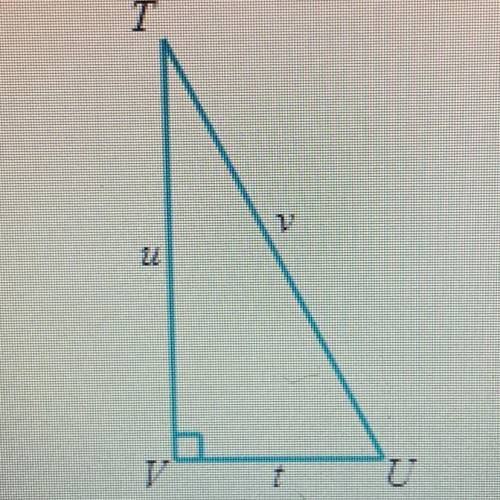 The figure below is a right triangle with side lengths t, u, and v.
Suppose that m