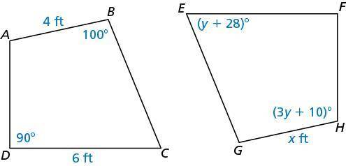 The sum of the interior angles of each polygon is 360∘. In the diagram, ABCD≅HGEF. Find the values