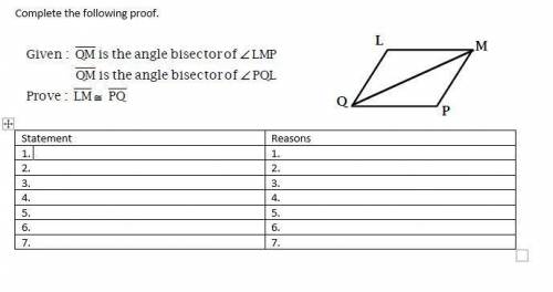 Given: QM is the angle bisector of ∠LMP QM is the angle bisector of ∠PQL Prove: LM ≅PQ