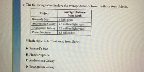 9 The following table displays the average distance from Earth for four objects.

Object
Average D