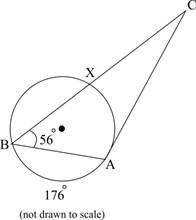 The figure below shows a triangle with vertices A and B on a circle and vertex C outside it. Side A