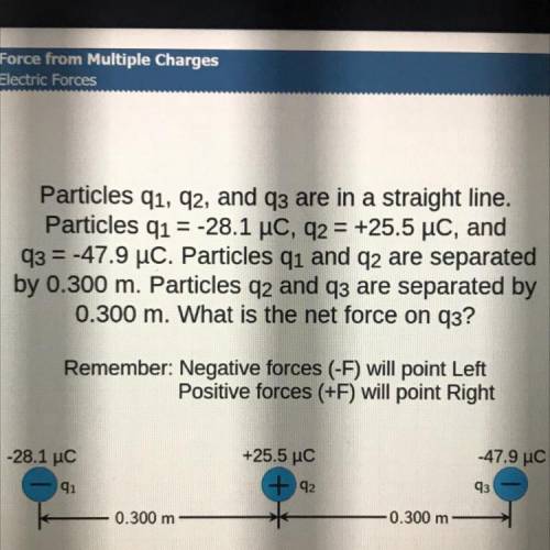 HELP IS NEEDED ASAP<3

Particles q1, 92, and q3 are in a straight line.
Particles
91 =
= -28.1